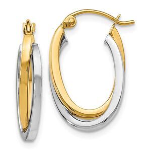3mm Polished Crossover Oval Hoop Earrings in 14k Two Tone Gold, 20mm